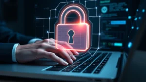 Photorealistic close-up of hands typing on laptop keyboard with glowing digital security padlock overlay, dark professional background, cybersecurity workspace aesthetic