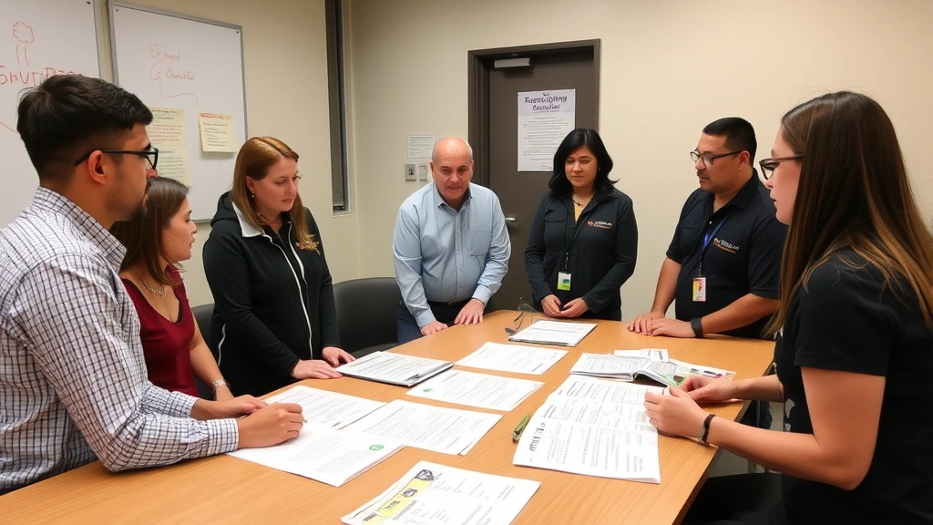 Team of animal shelter staff in a conference room conducting security awareness training, reviewing printed security guidelines and best practices documents on a table, collaborative discussion setting, professional but approachable atmosphere