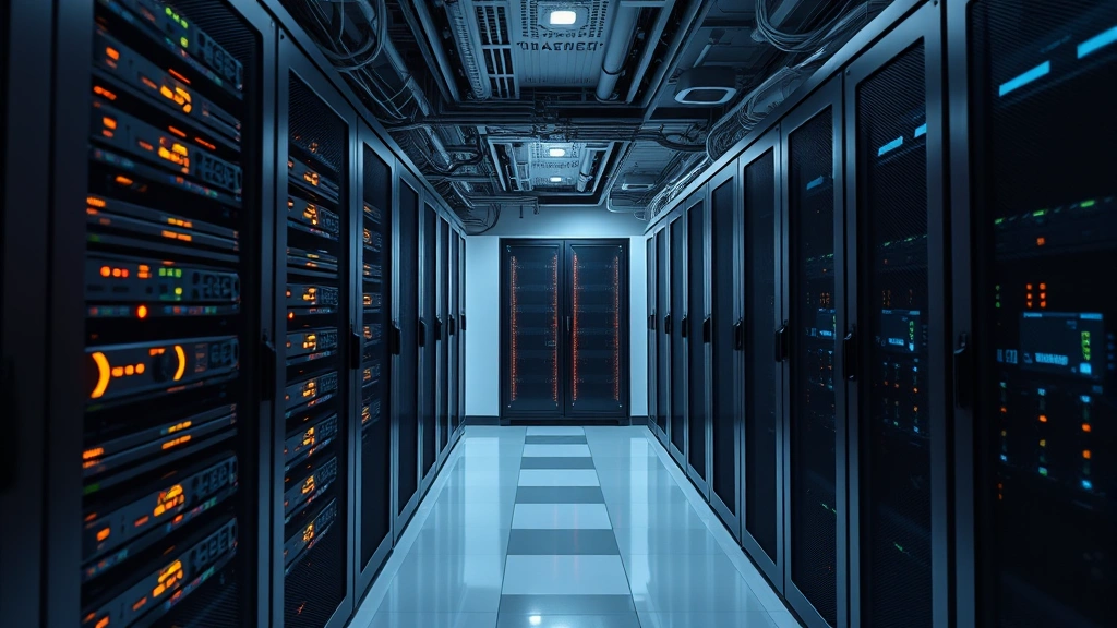 Data center server room with multiple secure backup systems, organized network infrastructure with cable management, glowing indicator lights, locked access panels, emphasizing data protection and redundancy for critical information storage