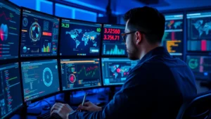 Professional cybersecurity analyst monitoring multiple security dashboards with glowing threat indicators and network visualizations on screens in a modern security operations center with blue ambient lighting