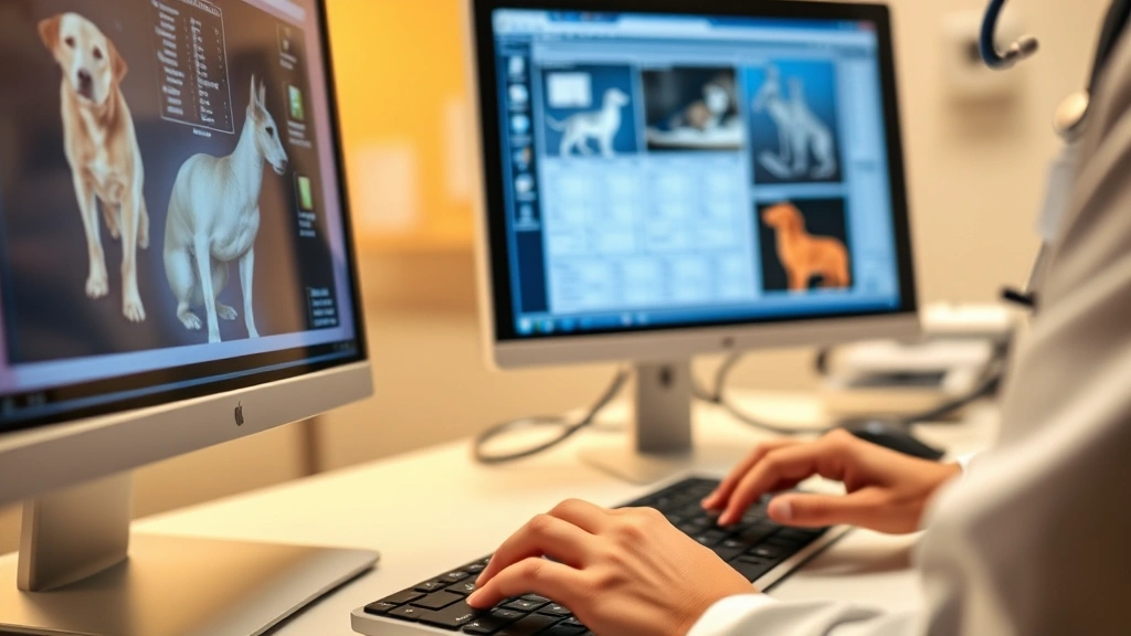 Close-up of veterinary professional examining computer screen displaying animal medical charts in clinic setting, hands on keyboard, stethoscope visible, warm clinical lighting, professional environment