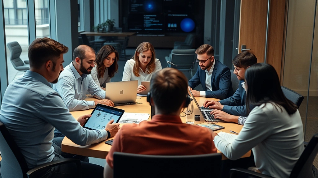 Diverse team of security professionals collaborating around a conference table with laptops and security certificates visible, discussing incident response strategies in a corporate environment