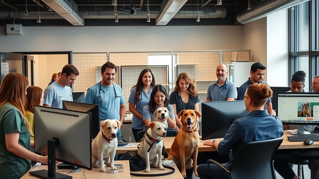 Diverse team of animal shelter staff and volunteers working at modern facility with security camera visible on wall, computers showing adoption database, collaborative workspace atmosphere