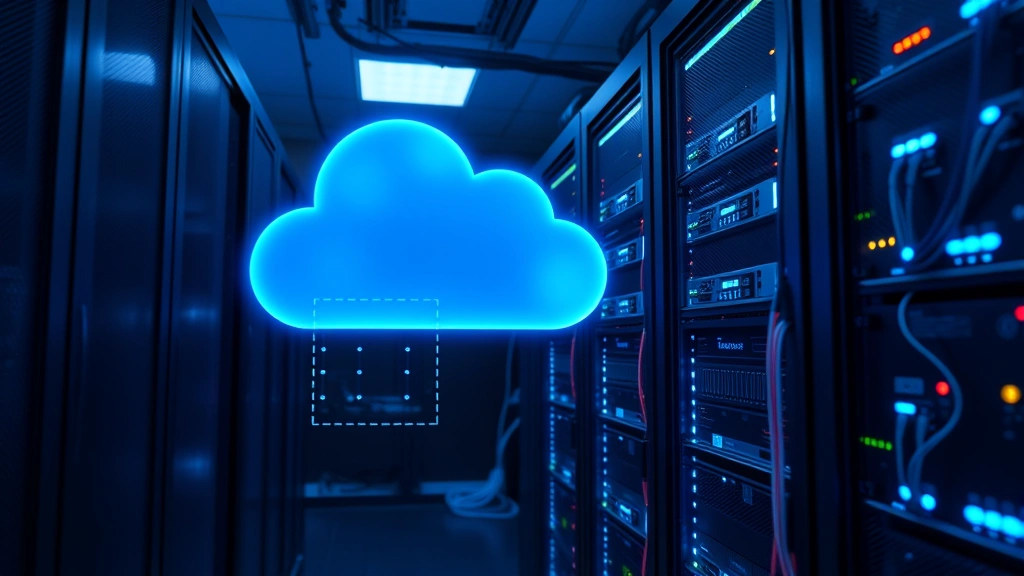 Data center with illuminated server racks and network cables, representing secure cloud infrastructure and protected digital assets with subtle blue security overlays suggesting protection