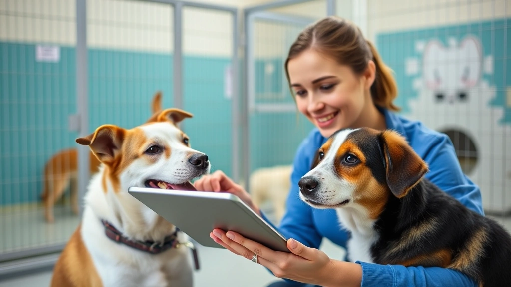 Animal welfare coordinator reviewing digital records on tablet while interacting with rescue dog in shelter environment, secure facility background, trust and care emphasized through composition