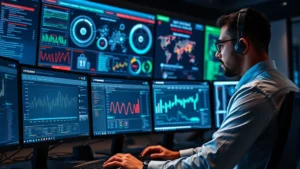 Professional cybersecurity analyst monitoring multiple computer screens displaying network security dashboards and threat detection systems in a modern security operations center
