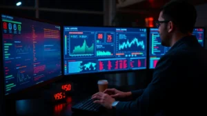 Professional cybersecurity analyst monitoring multiple digital security dashboards with glowing threat indicators, hands on keyboard, data streams visible on screens