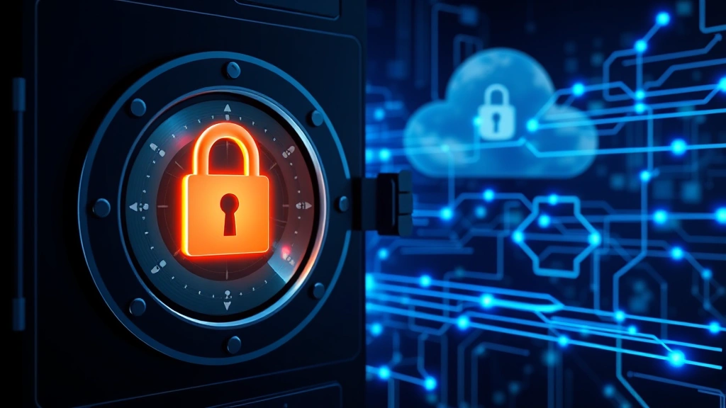 Secure data vault with encryption symbols, padlock visualization, and blue digital security networks protecting sensitive information in cloud environment