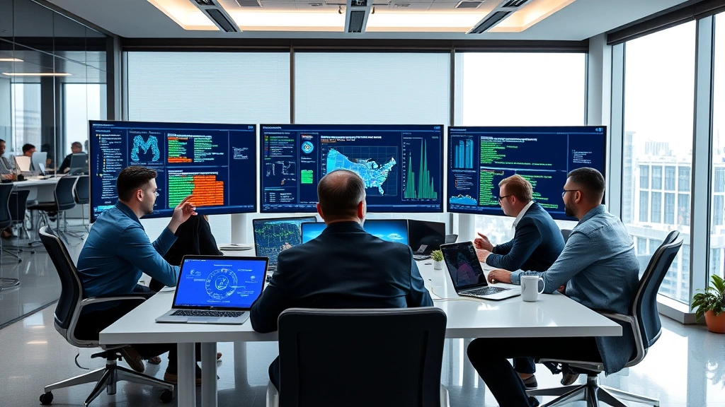 Team of security professionals in modern office conducting incident response meeting, reviewing threat intelligence on large display screens and laptops