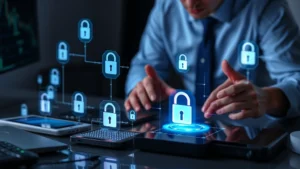 Professional cybersecurity analyst examining multiple digital devices on desk with holographic security shields and lock symbols floating around them, representing device protection and security monitoring