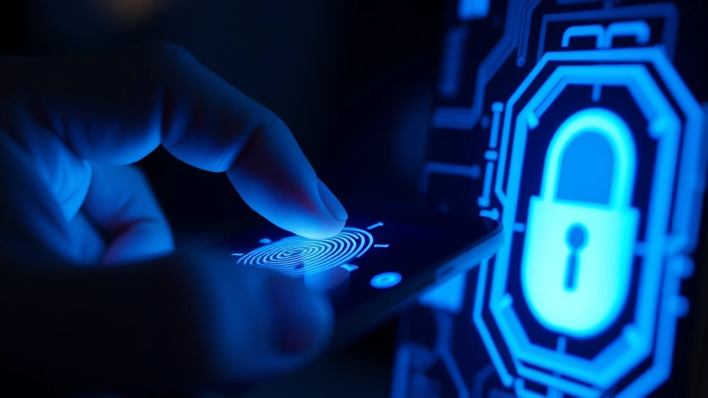 Close-up of hands entering biometric fingerprint authentication on smartphone with glowing blue security interface, symbolizing strong authentication and mobile device security