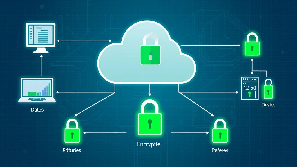 Network diagram visualization showing encrypted data flow between devices and secure cloud servers with green lock icons and firewall barriers, representing secure network infrastructure and data protection
