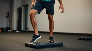 Professional athlete performing single-leg balance training on foam pad, demonstrating ankle proprioceptive exercises, athletic training facility setting with neutral background