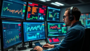 Professional cybersecurity analyst monitoring multiple screens in a modern SOC environment with data visualizations and security dashboards displaying real-time threat intelligence, no text visible