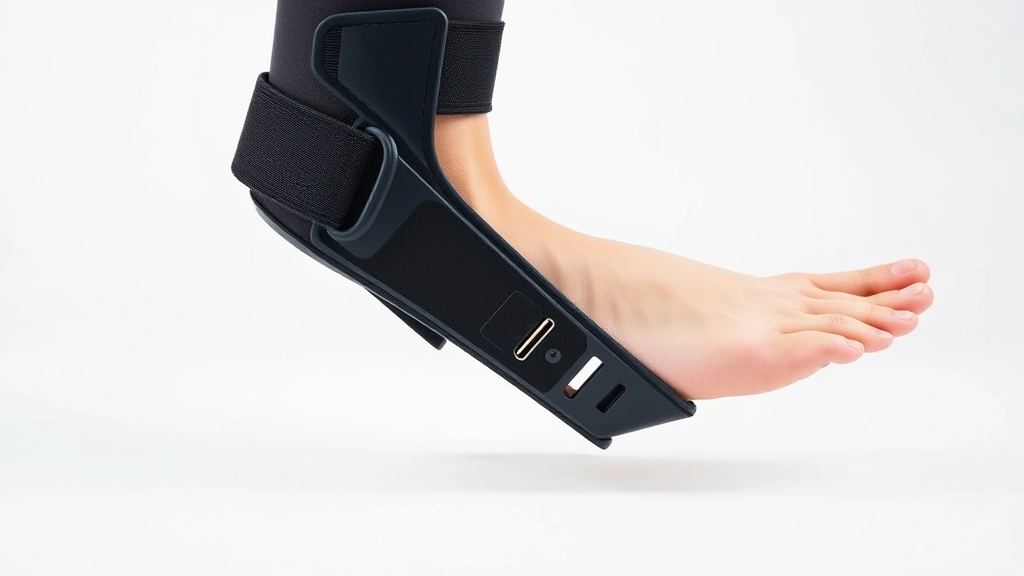 Close-up of quality ankle brace with hinged support structure applied to person's leg, showing modern medical-grade materials and professional fit, clean white background
