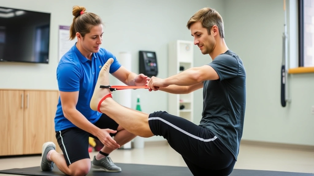 Athletic trainer assisting patient through ankle strengthening exercises with resistance band, demonstrating proper form and technique, clinical rehabilitation environment