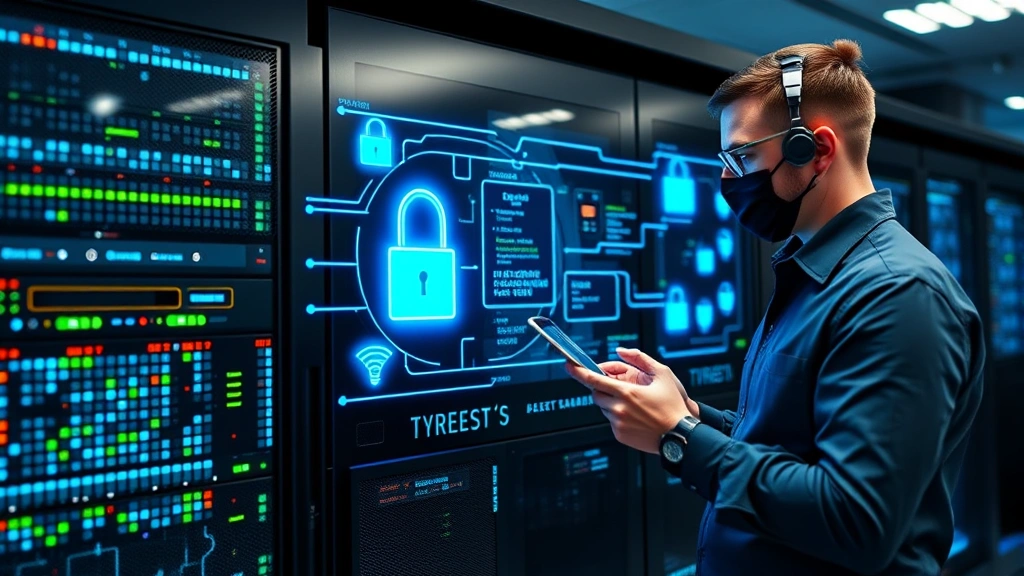 Cybersecurity professional examining secure backup storage systems with encrypted data visualization, modern server room environment, professional IT infrastructure setup