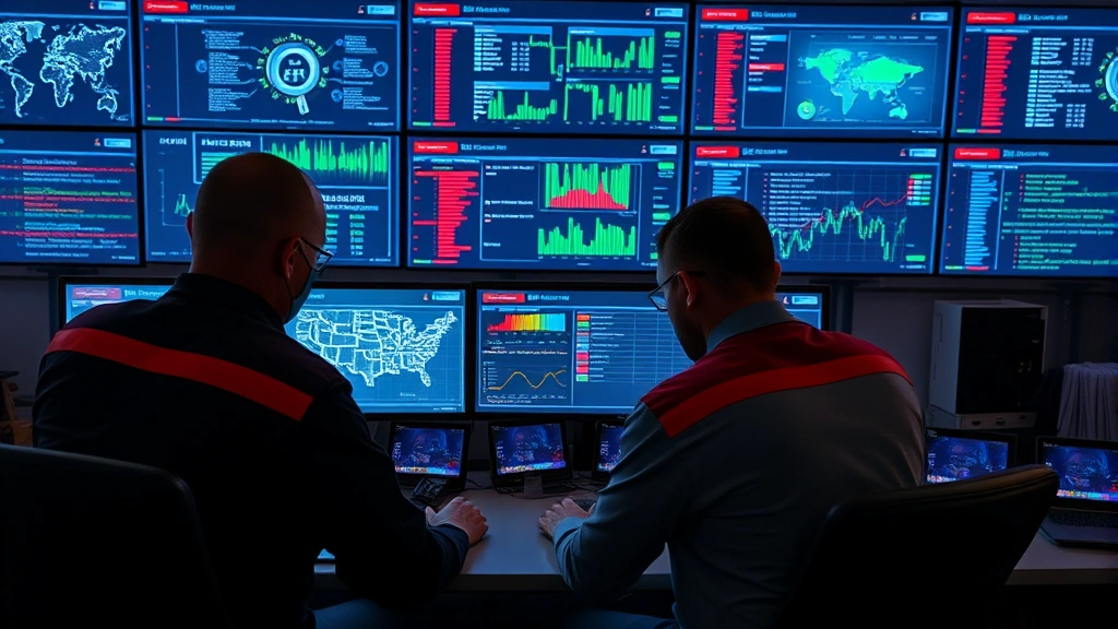 Incident response team monitoring backup systems on multiple security dashboards, threat detection alerts displaying, secure operations center environment