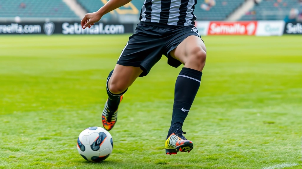 Professional soccer player in black and white uniform performing dynamic cutting movement on grass field, wearing visible ankle support brace, motion blur suggesting high-speed play, stadium background slightly blurred