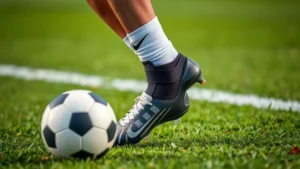 Professional soccer player wearing ankle brace and cleats, performing dynamic cutting movement on grass field, close-up of ankle stability support during lateral directional change