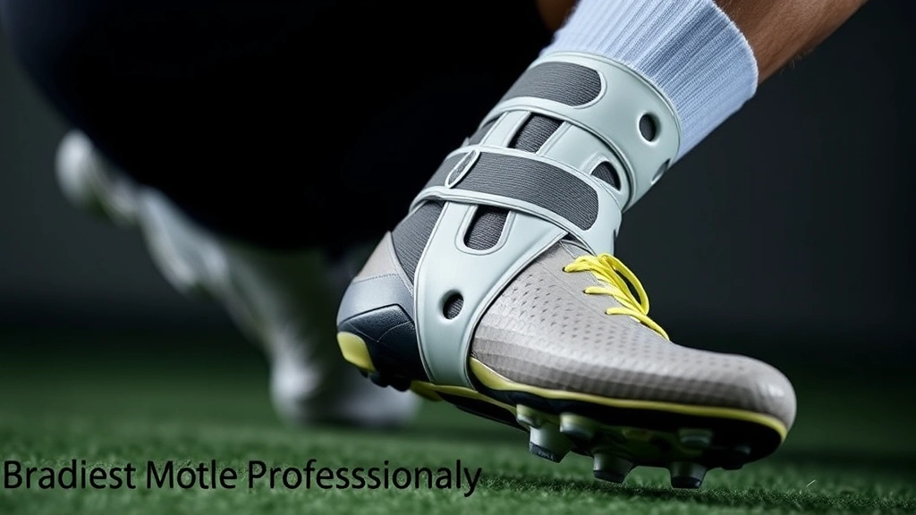 Close-up of athlete's lower leg and foot wearing advanced ankle guard with lateral support straps, fitted inside professional soccer cleat, seated position showing product detail and construction quality
