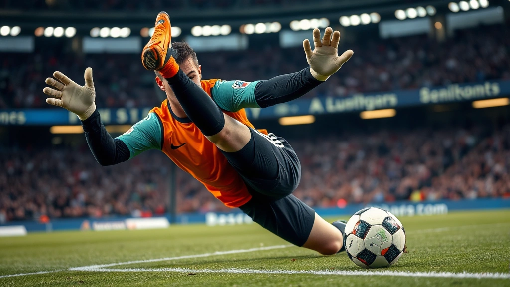Soccer goalkeeper in action making lateral diving save, protective ankle guard visible, dynamic motion capture during match intensity, demonstrating equipment performance during professional play