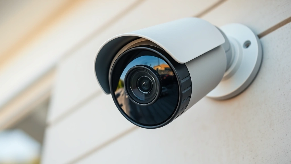 Close-up of a modern home security camera mounted on exterior wall, professional installation, weatherproof design, focus on lens and housing