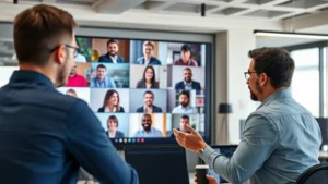 Professional cybersecurity expert leading an engaging virtual security training session, diverse employees on screen attending online workshop, modern office setting with security-focused atmosphere, high-tech digital interface visible in background