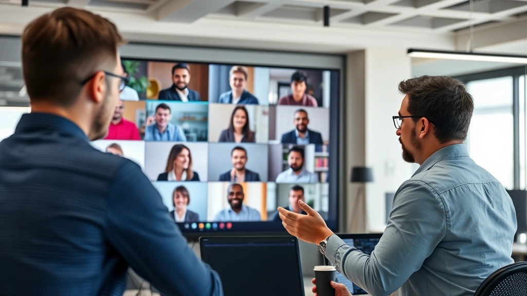 Professional cybersecurity expert leading an engaging virtual security training session, diverse employees on screen attending online workshop, modern office setting with security-focused atmosphere, high-tech digital interface visible in background