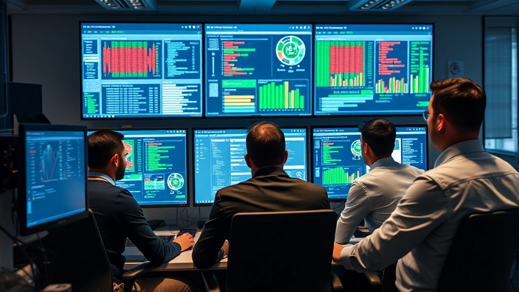 Cybersecurity team analyzing threat intelligence data on multiple monitors, collaborative workspace with security professionals reviewing incident reports, professional office environment with technology-focused elements and data visualizations