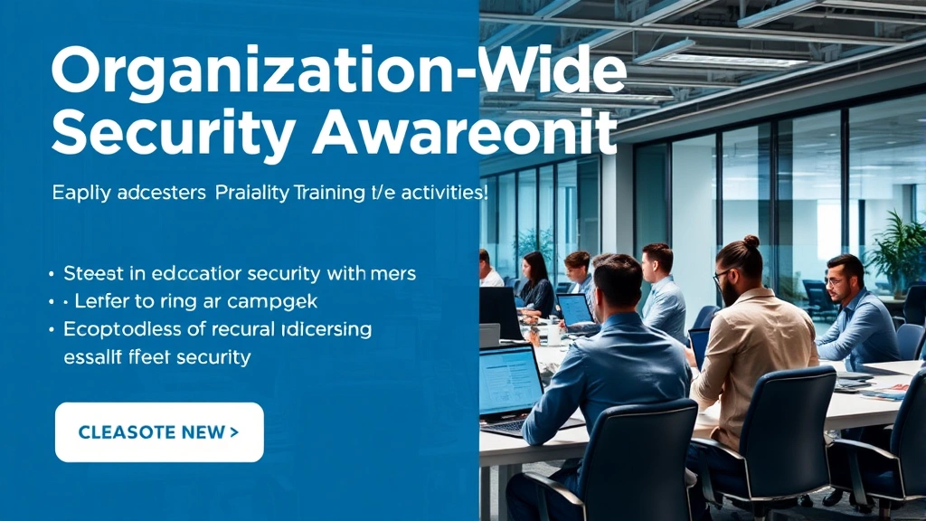 Organization-wide security awareness campaign visual with employees engaged in security training activities, modern corporate office with diverse workforce participating in security education, digital learning and collaboration environment