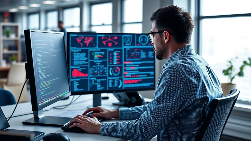 Cybersecurity analyst studying threat intelligence on computer workstation with network diagrams, professional office setting, photorealistic, no text or code visible