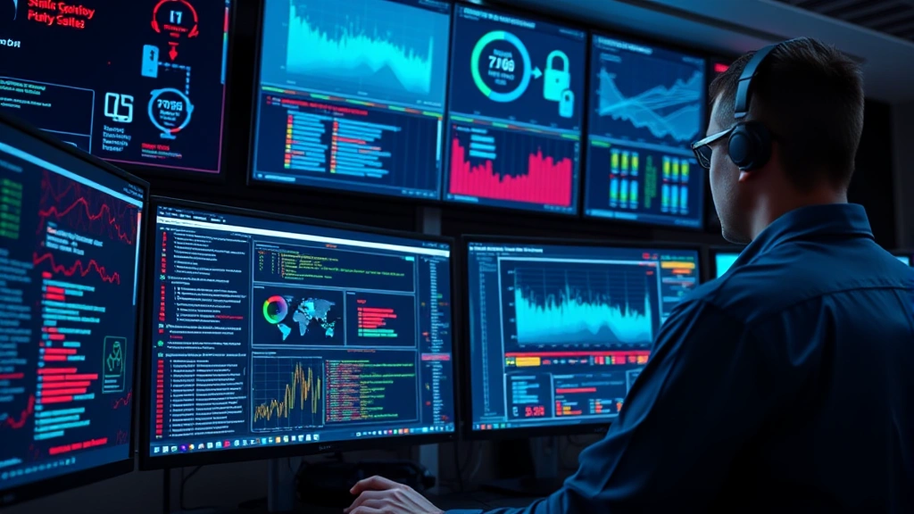 Cybersecurity professional monitoring network traffic on multiple high-resolution screens showing real-time security analytics and threat indicators, modern SOC environment, photorealistic