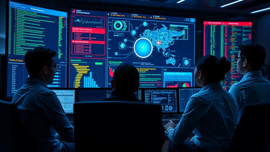 Cybersecurity team collaborating around large digital display analyzing threat data and network topology, professional security operations center with multiple team members, photorealistic