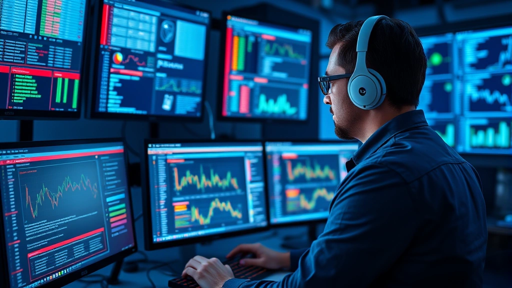 Cybersecurity professional analyzing network traffic on multiple monitors in a secure operations center, displaying real-time threat detection dashboards with glowing indicators and data visualizations