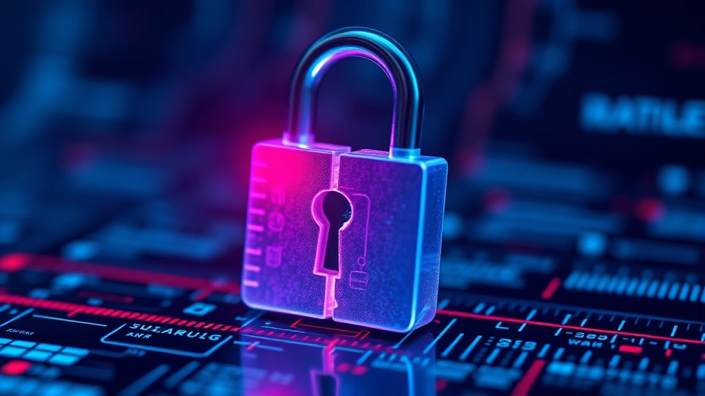 Close-up of a padlock symbol transforming or breaking apart on a digital interface, representing data vulnerability and security breach concepts with blue and red gradient lighting