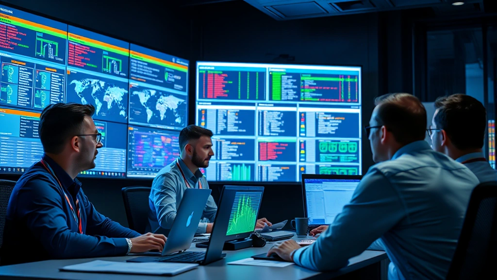 Team of security analysts in a modern command center reviewing incident response procedures, with large displays showing network topology and security alerts in a professional environment