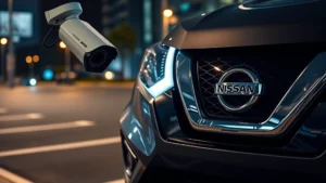 Photorealistic close-up of modern Nissan vehicle exterior with security camera mounted nearby, nighttime urban parking lot setting, professional cybersecurity protection concept