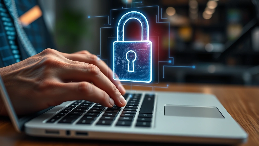 Close-up of hands typing on a laptop keyboard with a padlock hologram projection above, representing digital security and data encryption in modern workspace setting