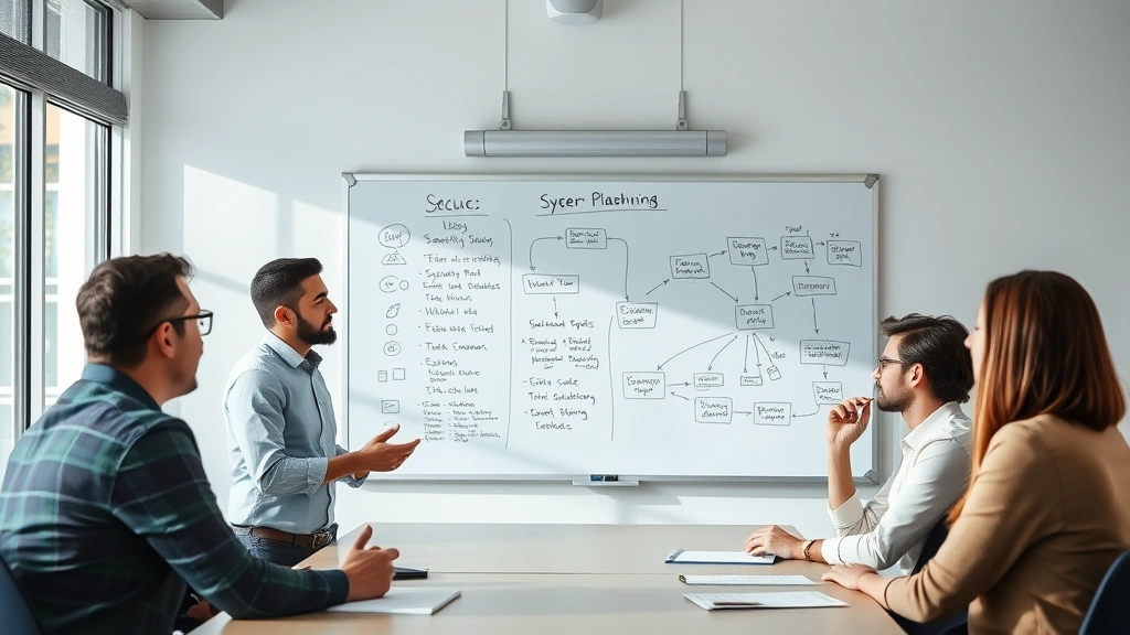 Team of professionals in a conference room reviewing security protocols on a whiteboard with diagrams and flowcharts, collaborative cybersecurity planning session, natural lighting