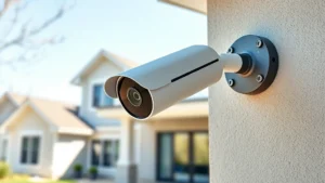 Modern smart home security camera mounted on exterior wall, professional installation, weatherproof housing, 4K lens visible, suburban home background, daylight setting, no text or displays