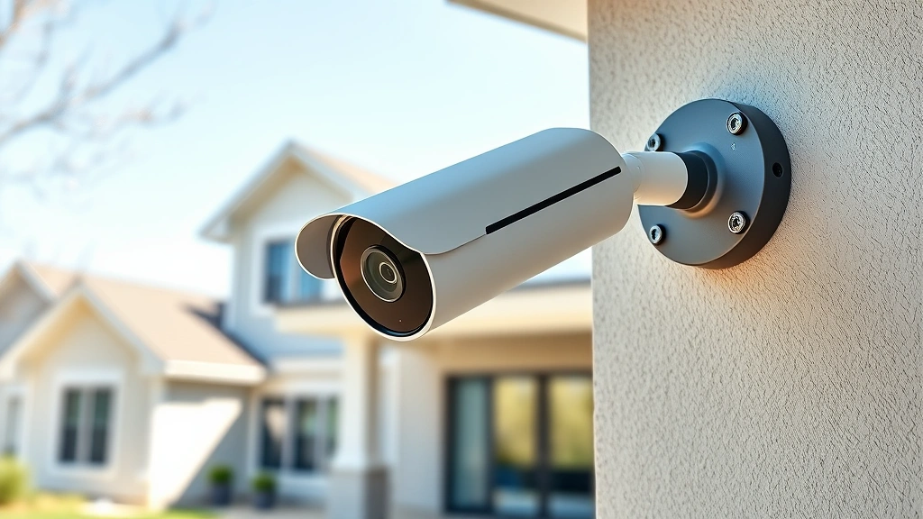 Modern smart home security camera mounted on exterior wall, professional installation, weatherproof housing, 4K lens visible, suburban home background, daylight setting, no text or displays