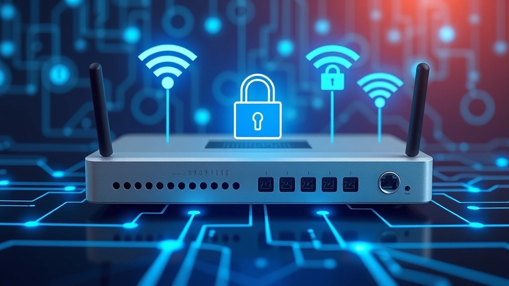 Network security concept showing encrypted data transmission, router with security indicators, WiFi signals, blue lock symbols, digital protection visualization, clean technical aesthetic, no code or terminal windows
