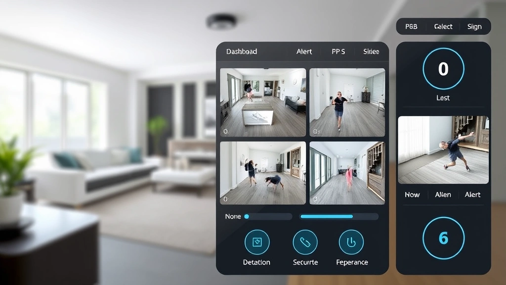 Home security system monitoring dashboard visualization, multiple camera feeds on secure interface, motion detection indicators, real-time alert notifications, modern UI design, no readable text or specific code elements