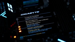 Close-up of a GIGABYTE motherboard with illuminated security indicators and BIOS configuration interface glowing softly, showing firmware security settings and protection features in action