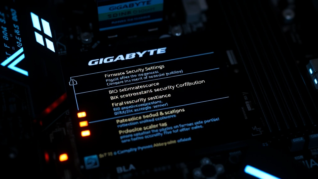 Close-up of a GIGABYTE motherboard with illuminated security indicators and BIOS configuration interface glowing softly, showing firmware security settings and protection features in action