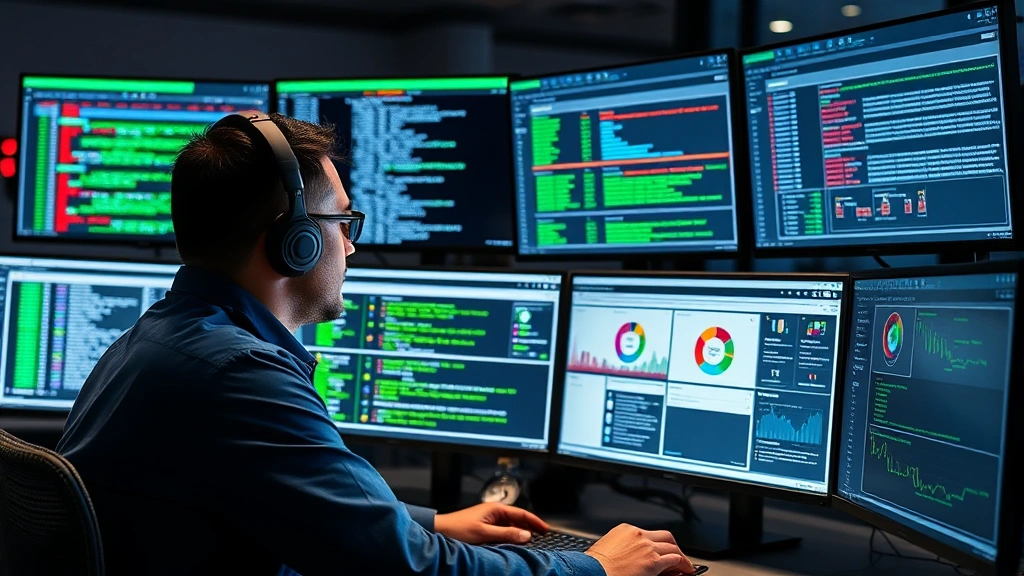 Cybersecurity analyst reviewing system logs and firmware integrity reports on multiple monitors, displaying boot verification processes and threat detection dashboards in a professional security operations center