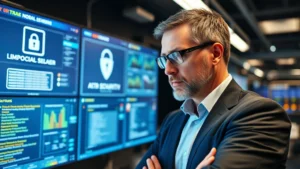 Professional cybersecurity expert examining network security infrastructure with monitoring displays showing encrypted data streams and firewall protection systems in a modern security operations center