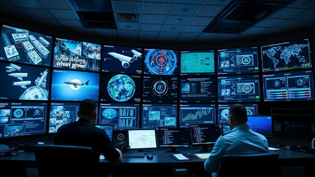 High-tech security control room with multiple surveillance monitor walls displaying real-time camera feeds, network diagrams, and encryption status indicators with professional security personnel monitoring systems