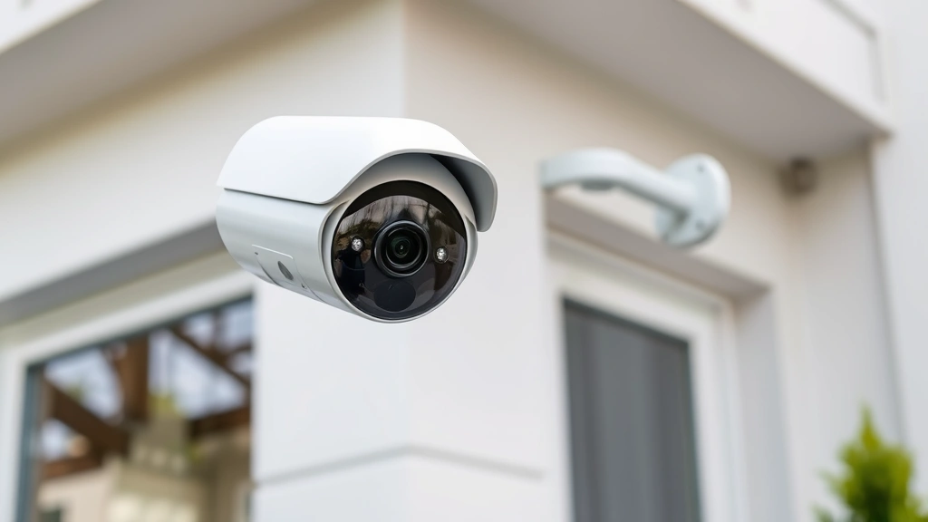 Professional security camera mounted on white building exterior, showing clear lens focus and weatherproof housing design, modern residential setting with clean lines, daytime natural lighting